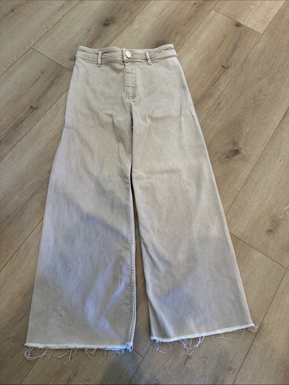 Zara Marine Straight High Rise Wide Leg Raw Hem Jeans in Light Beige